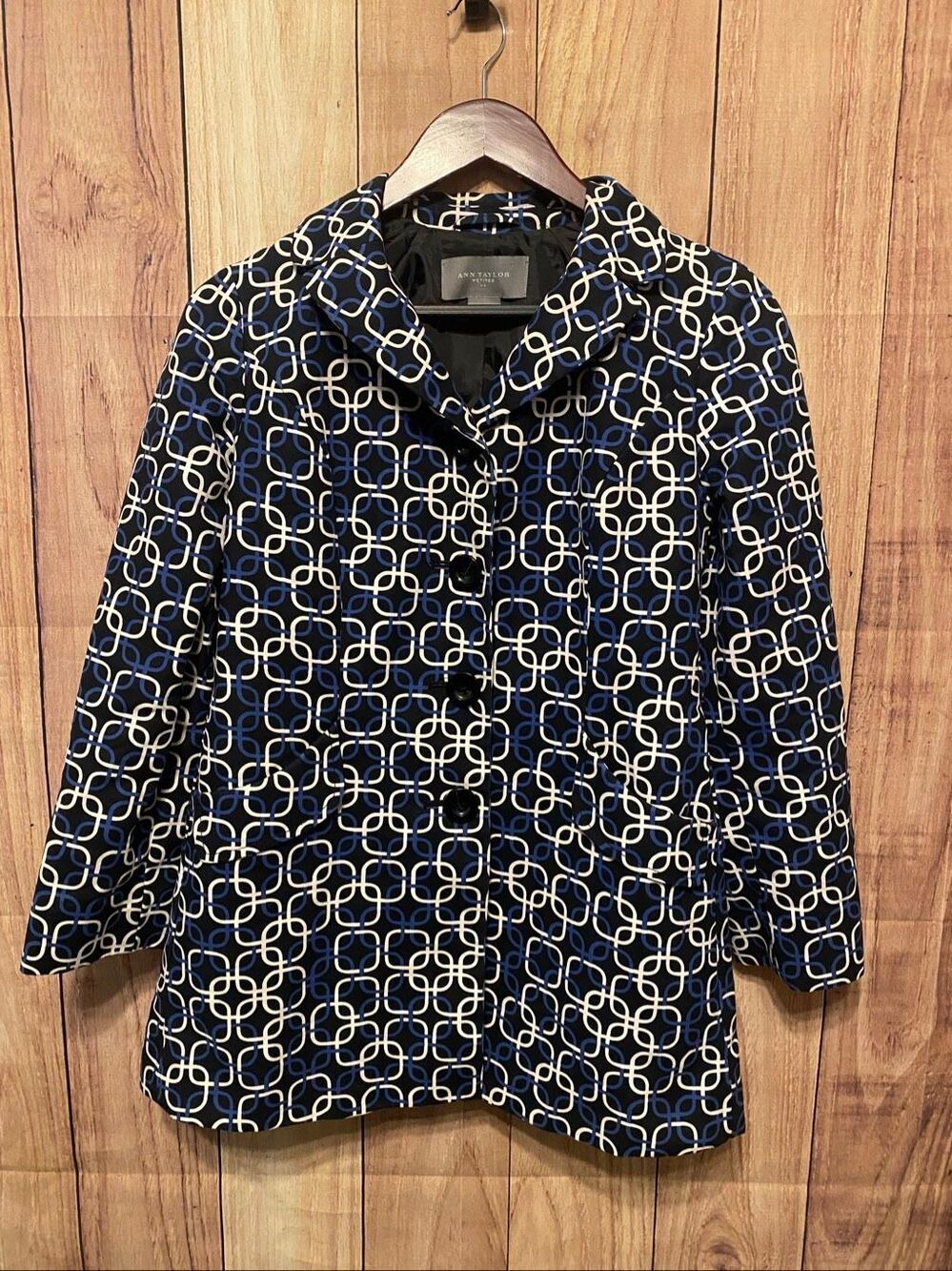 Ann Taylor XS Petite blue white trench coat winter fall outerwear